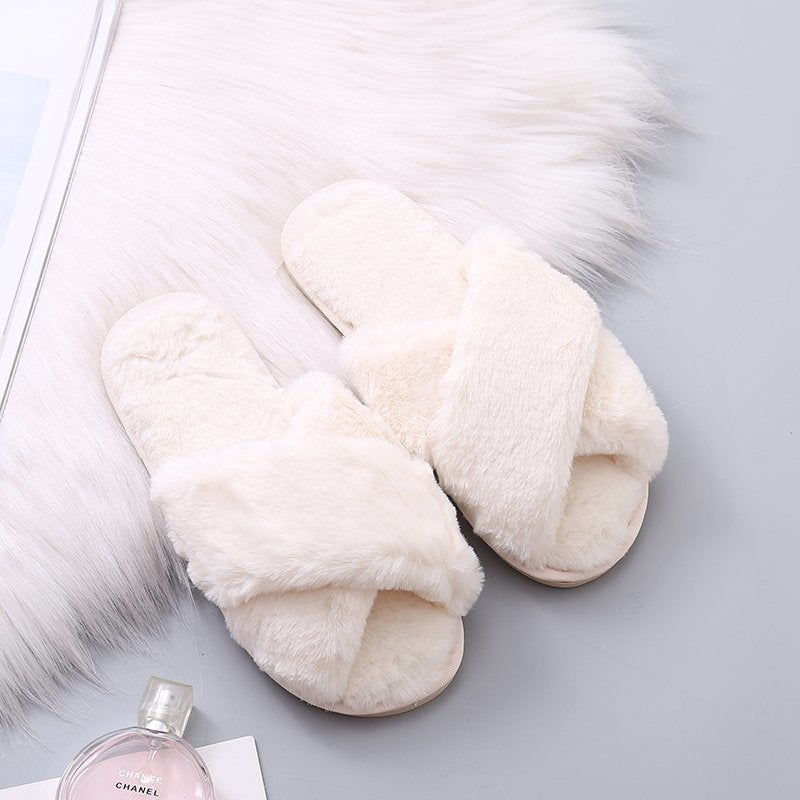 Wholesale Plush Indoor Non-slip Cotton Cross Open Toe Slippers